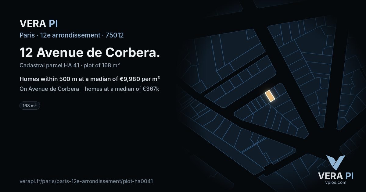 12 Avenue de Corbera, 12e arrondissement at night – the plot lit, the parcels around coloured by the prices near them
