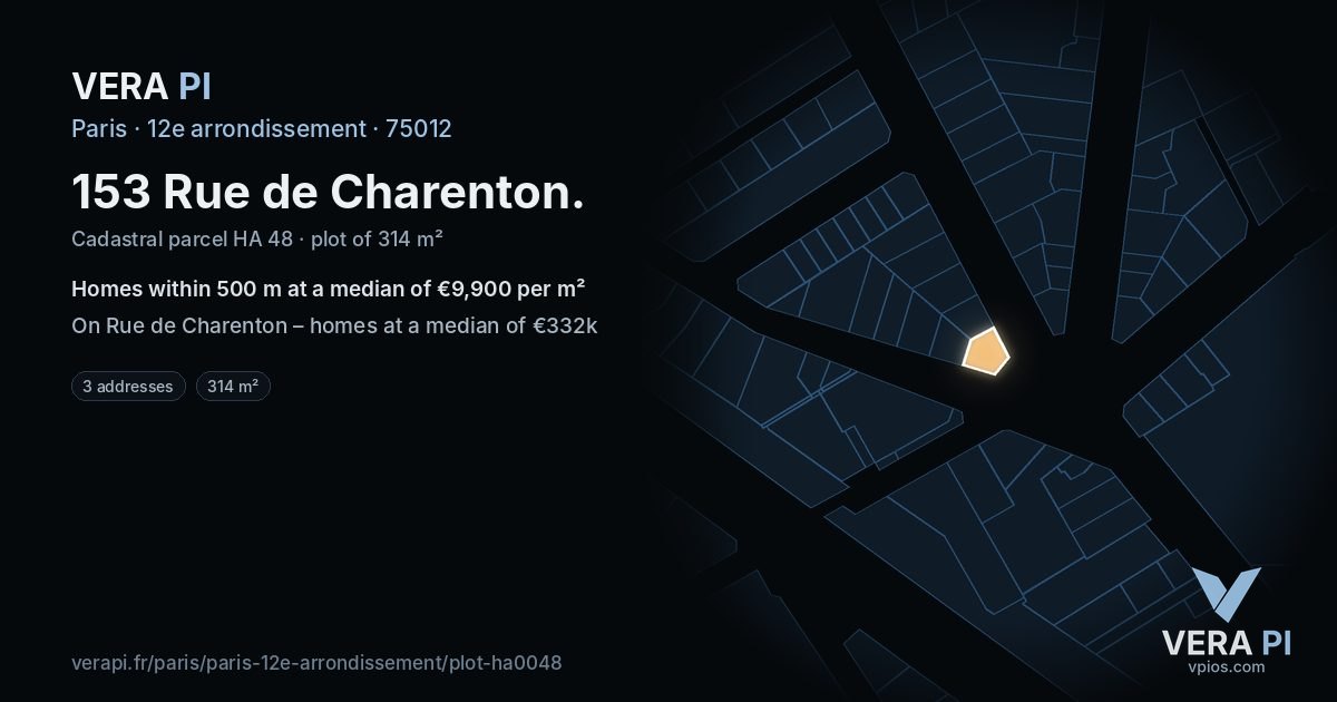 153 Rue de Charenton, 12e arrondissement at night – the plot lit, the parcels around coloured by the prices near them