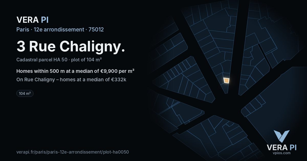 3 Rue Chaligny, 12e arrondissement at night – the plot lit, the parcels around coloured by the prices near them