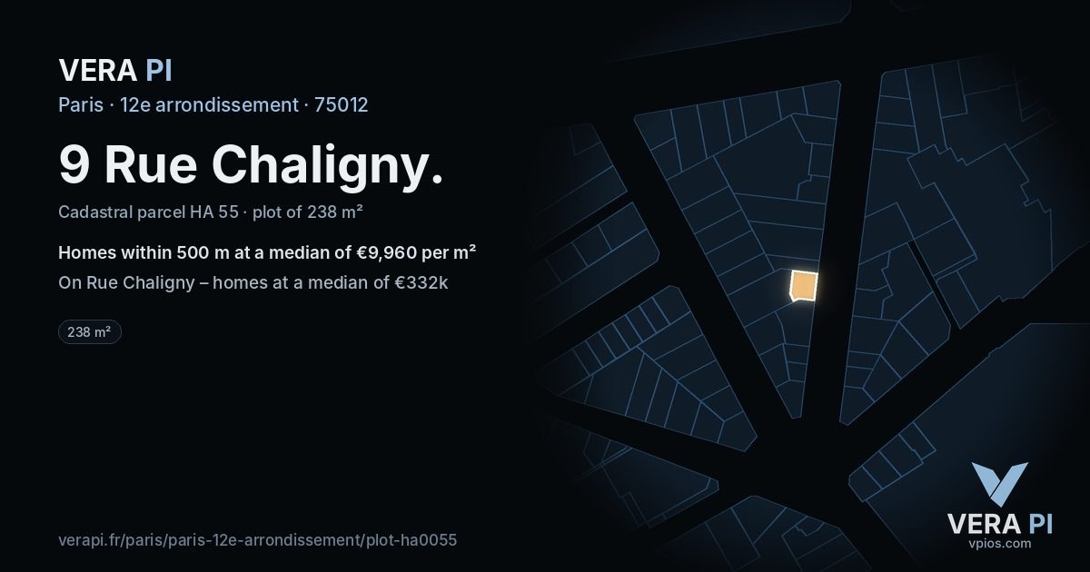 9 Rue Chaligny, 12e arrondissement at night – the plot lit, the parcels around coloured by the prices near them