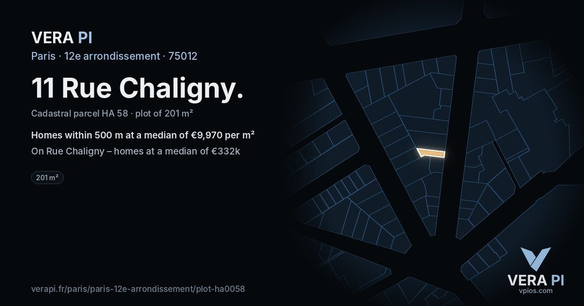 11 Rue Chaligny, 12e arrondissement at night – the plot lit, the parcels around coloured by the prices near them