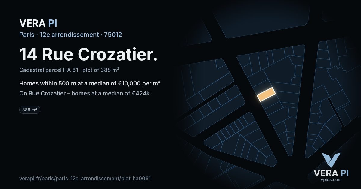 14 Rue Crozatier, 12e arrondissement at night – the plot lit, the parcels around coloured by the prices near them