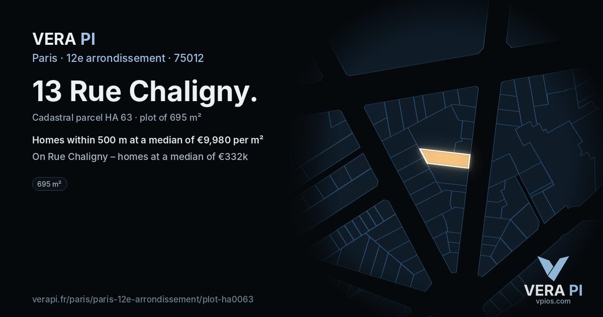13 Rue Chaligny, 12e arrondissement at night – the plot lit, the parcels around coloured by the prices near them