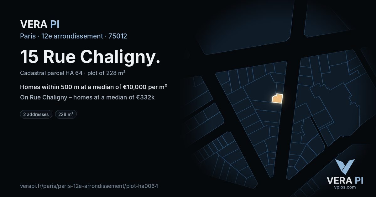 15 Rue Chaligny, 12e arrondissement at night – the plot lit, the parcels around coloured by the prices near them