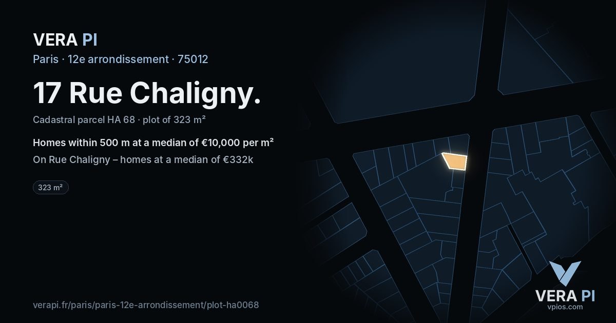 17 Rue Chaligny, 12e arrondissement at night – the plot lit, the parcels around coloured by the prices near them
