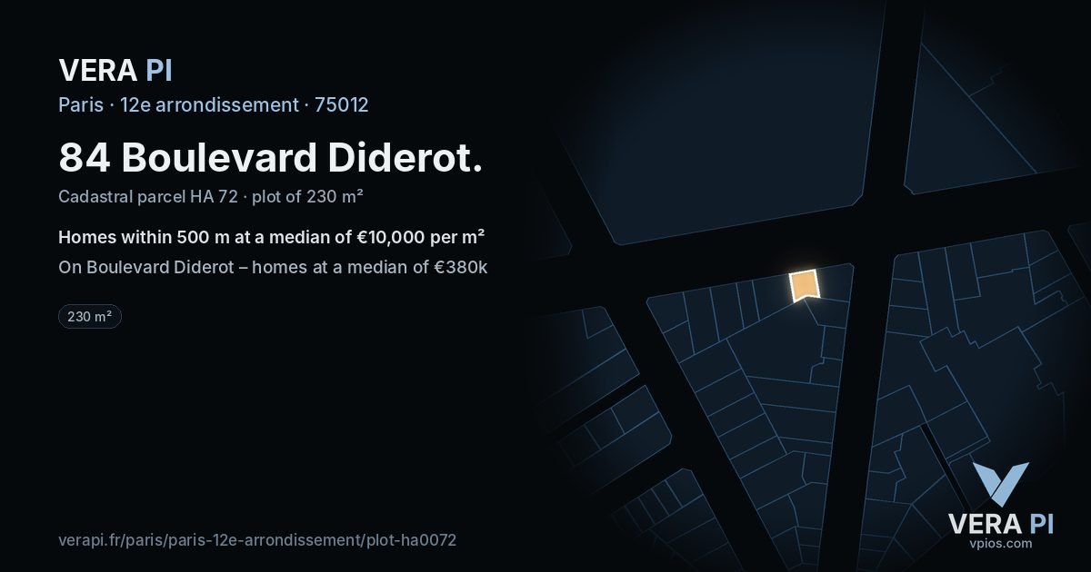 84 Boulevard Diderot, 12e arrondissement at night – the plot lit, the parcels around coloured by the prices near them