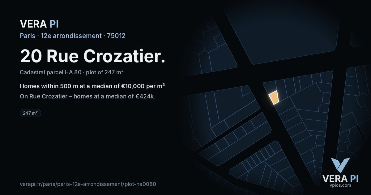20 Rue Crozatier, 12e arrondissement at night – the plot lit, the parcels around coloured by the prices near them