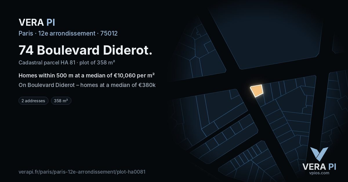 74 Boulevard Diderot, 12e arrondissement at night – the plot lit, the parcels around coloured by the prices near them