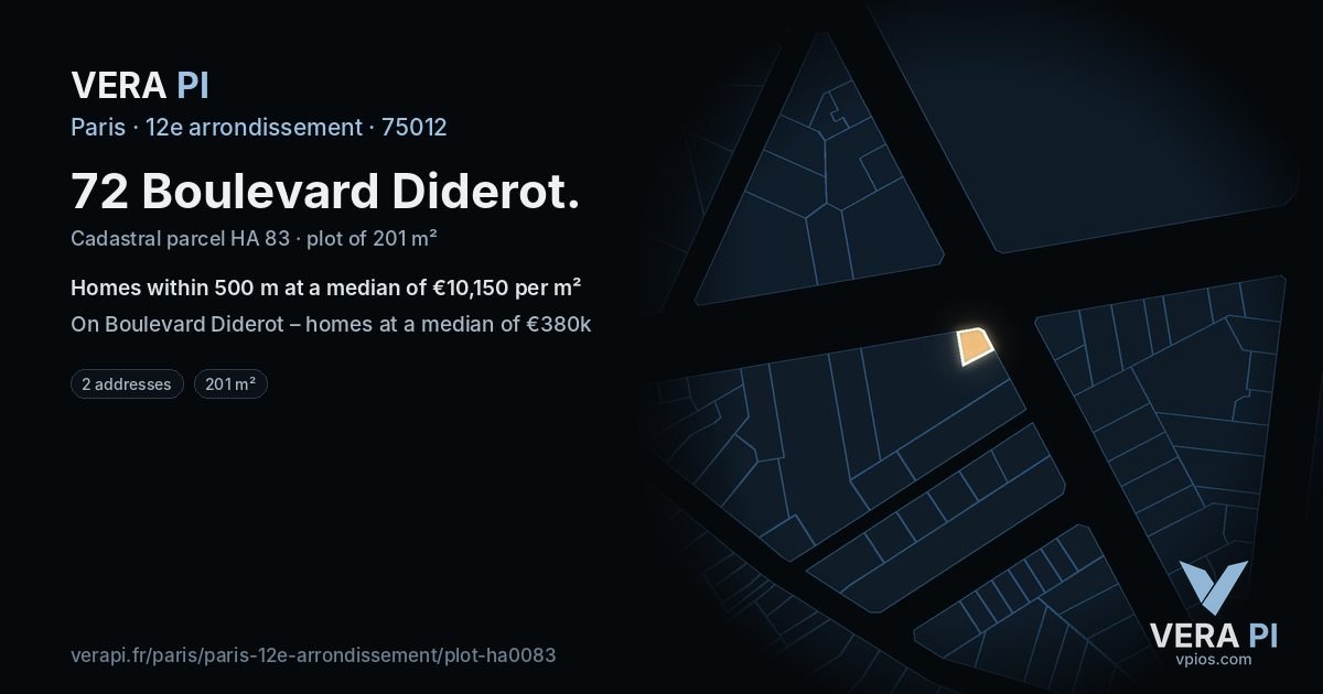 72 Boulevard Diderot, 12e arrondissement at night – the plot lit, the parcels around coloured by the prices near them