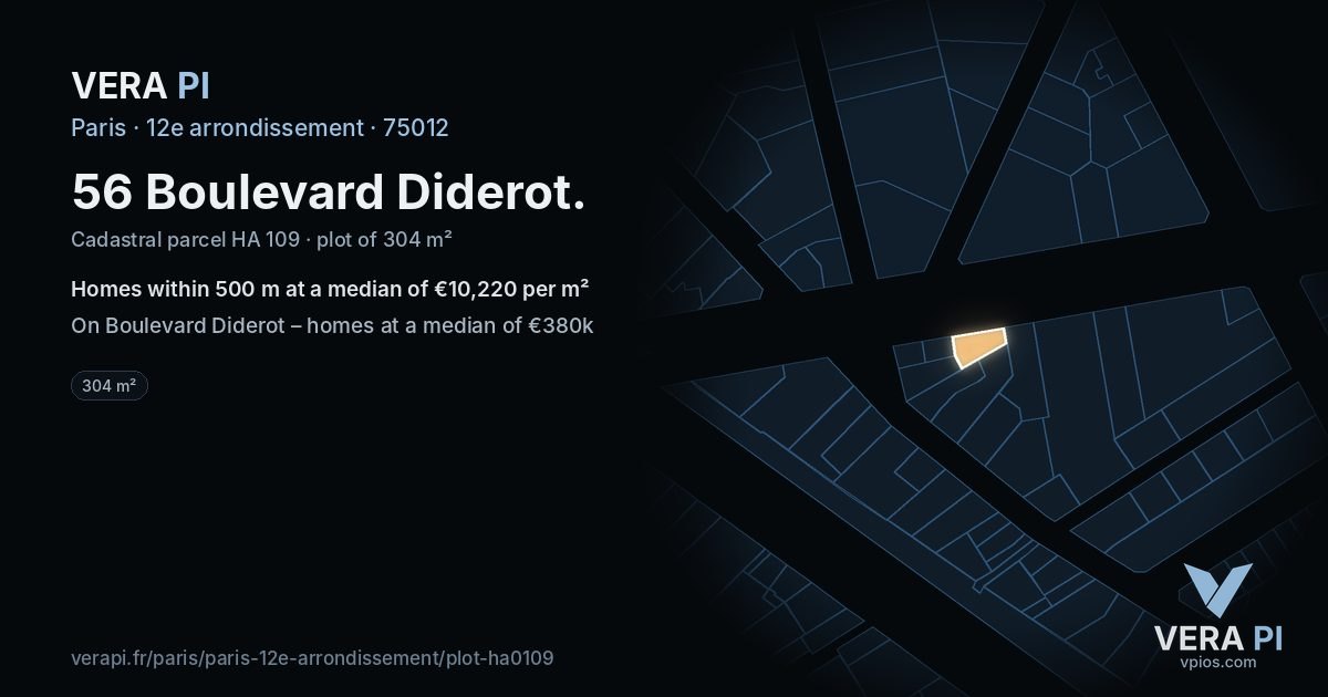 56 Boulevard Diderot, 12e arrondissement at night – the plot lit, the parcels around coloured by the prices near them