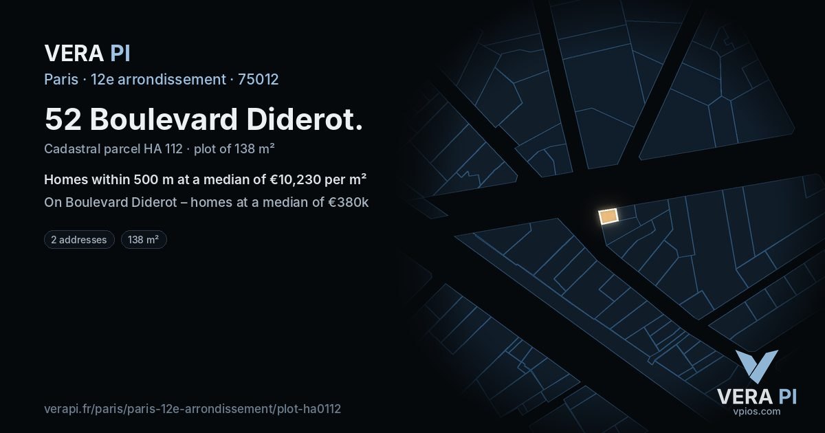 52 Boulevard Diderot, 12e arrondissement at night – the plot lit, the parcels around coloured by the prices near them