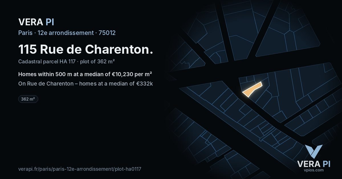 115 Rue de Charenton, 12e arrondissement at night – the plot lit, the parcels around coloured by the prices near them