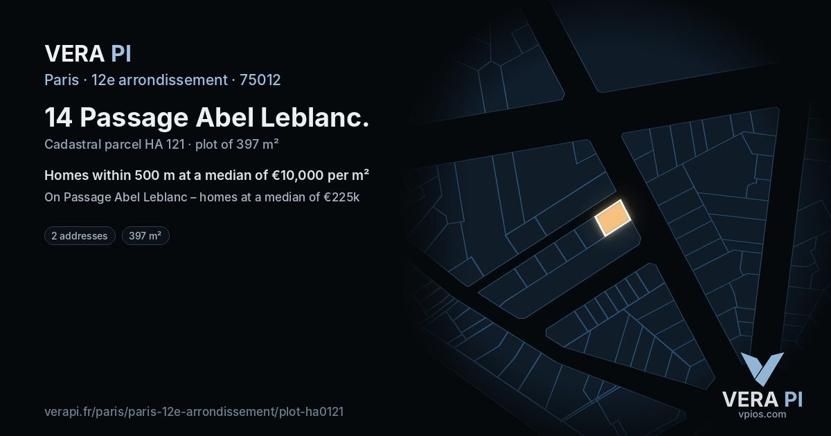 14 Passage Abel Leblanc, 12e arrondissement at night – the plot lit, the parcels around coloured by the prices near them
