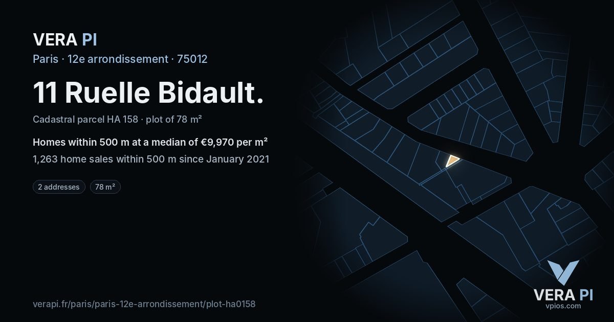 11 Ruelle Bidault, 12e arrondissement at night – the plot lit, the parcels around coloured by the prices near them