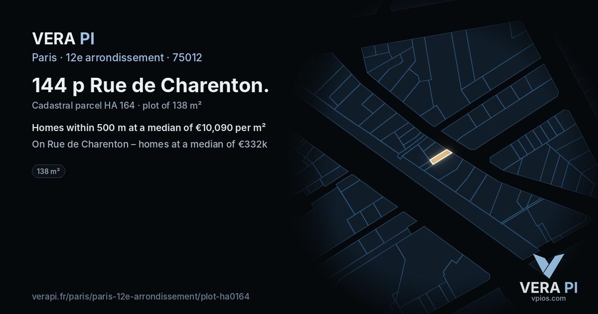 144 p Rue de Charenton, 12e arrondissement at night – the plot lit, the parcels around coloured by the prices near them