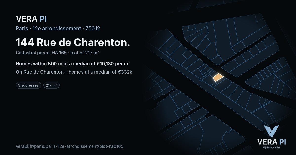 144 Rue de Charenton, 12e arrondissement at night – the plot lit, the parcels around coloured by the prices near them