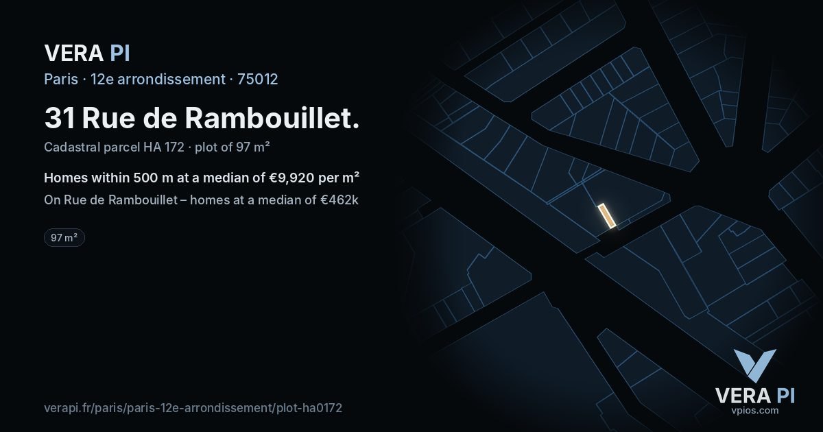 31 Rue de Rambouillet, 12e arrondissement at night – the plot lit, the parcels around coloured by the prices near them