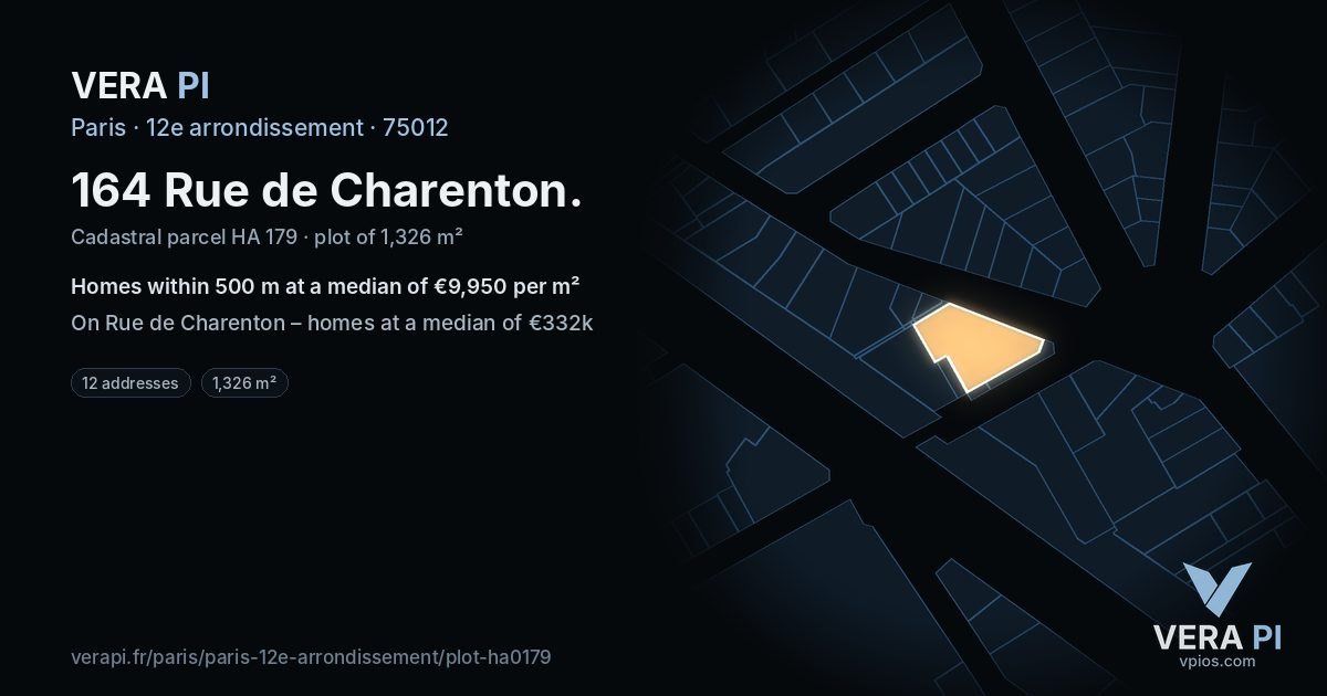 164 Rue de Charenton, 12e arrondissement at night – the plot lit, the parcels around coloured by the prices near them