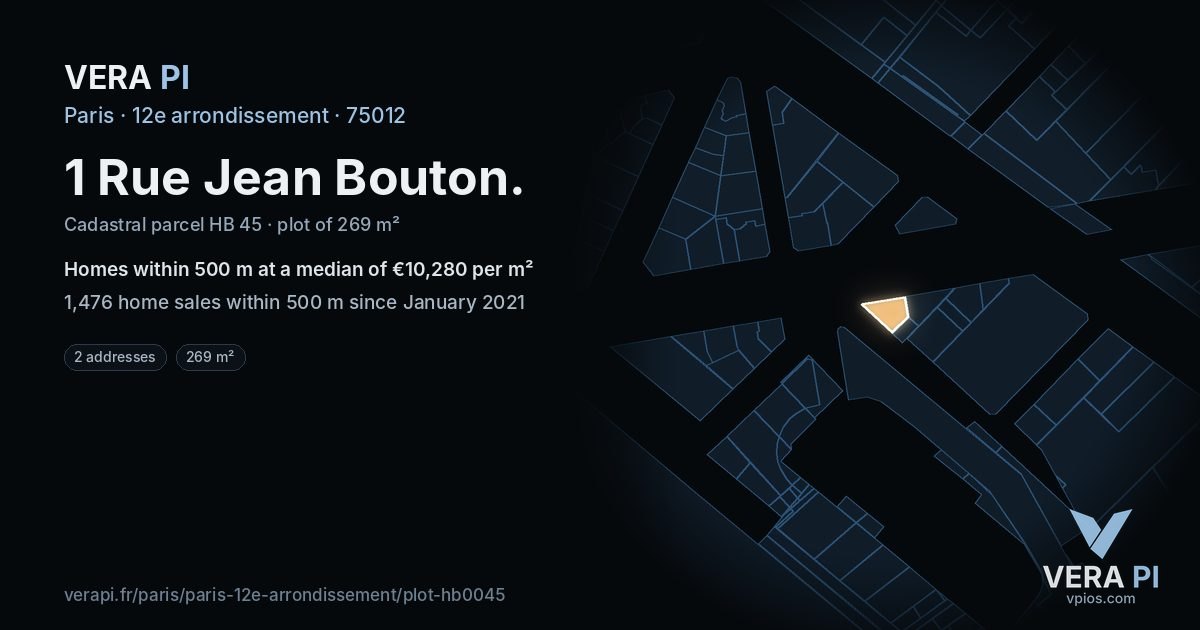 1 Rue Jean Bouton, 12e arrondissement at night – the plot lit, the parcels around coloured by the prices near them