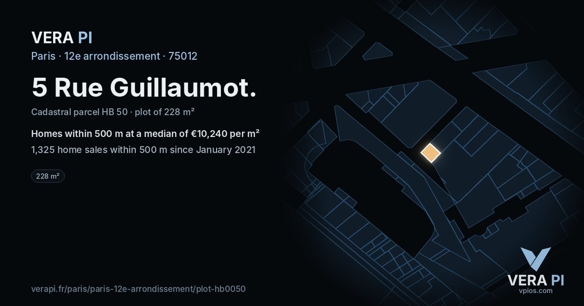 5 Rue Guillaumot, 12e arrondissement at night – the plot lit, the parcels around coloured by the prices near them