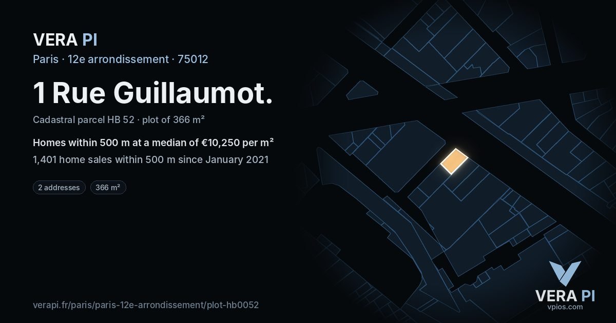 1 Rue Guillaumot, 12e arrondissement at night – the plot lit, the parcels around coloured by the prices near them
