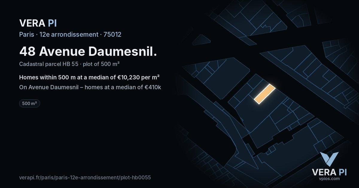 48 Avenue Daumesnil, 12e arrondissement at night – the plot lit, the parcels around coloured by the prices near them