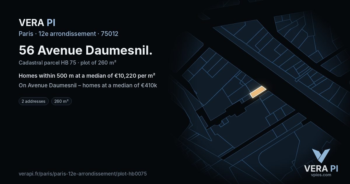 56 Avenue Daumesnil, 12e arrondissement at night – the plot lit, the parcels around coloured by the prices near them
