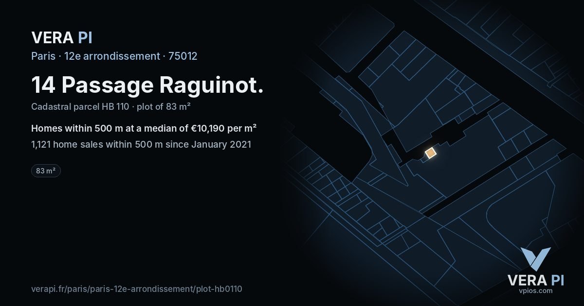 14 Passage Raguinot, 12e arrondissement at night – the plot lit, the parcels around coloured by the prices near them