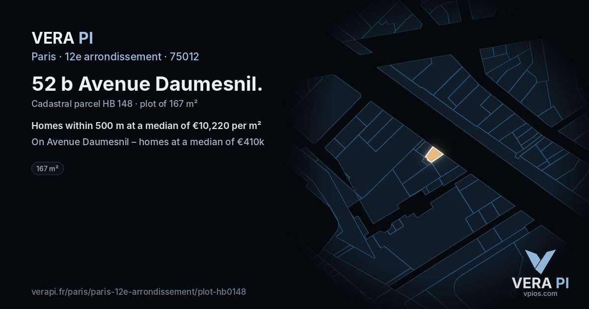 52 b Avenue Daumesnil, 12e arrondissement at night – the plot lit, the parcels around coloured by the prices near them