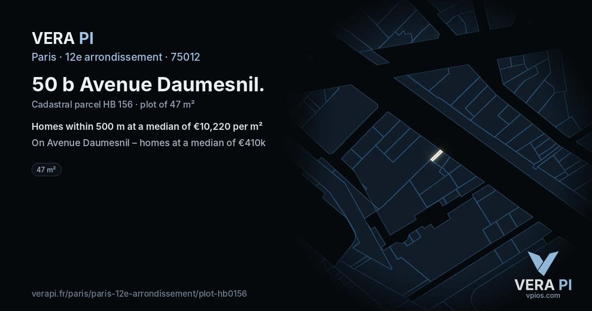50 b Avenue Daumesnil, 12e arrondissement at night – the plot lit, the parcels around coloured by the prices near them