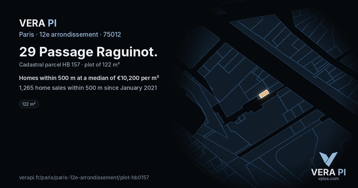 29 Passage Raguinot, 12e arrondissement at night – the plot lit, the parcels around coloured by the prices near them