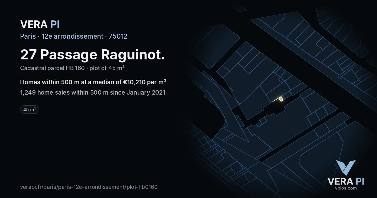 27 Passage Raguinot, 12e arrondissement at night – the plot lit, the parcels around coloured by the prices near them