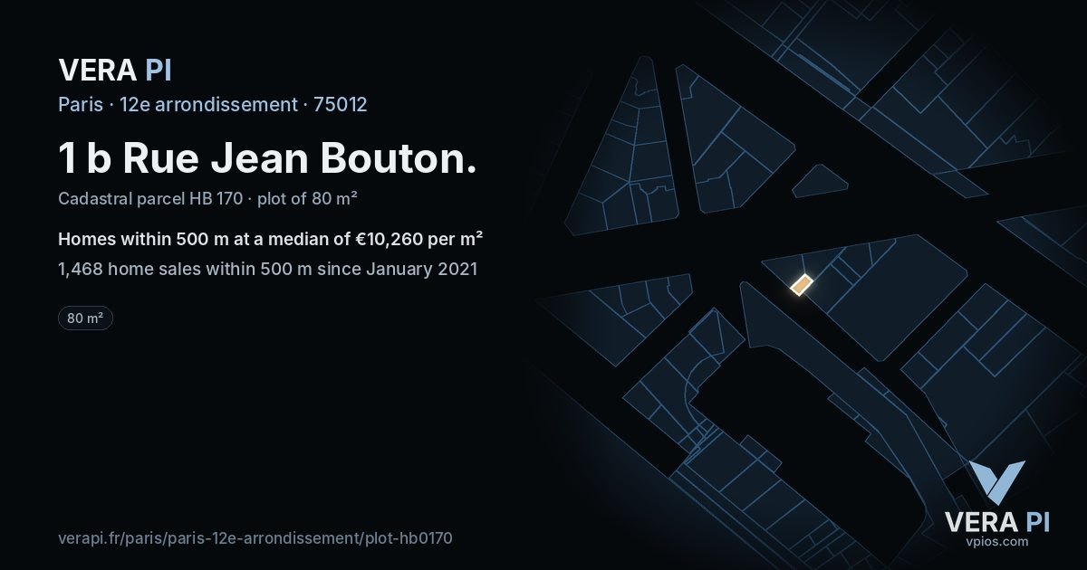 1 b Rue Jean Bouton, 12e arrondissement at night – the plot lit, the parcels around coloured by the prices near them
