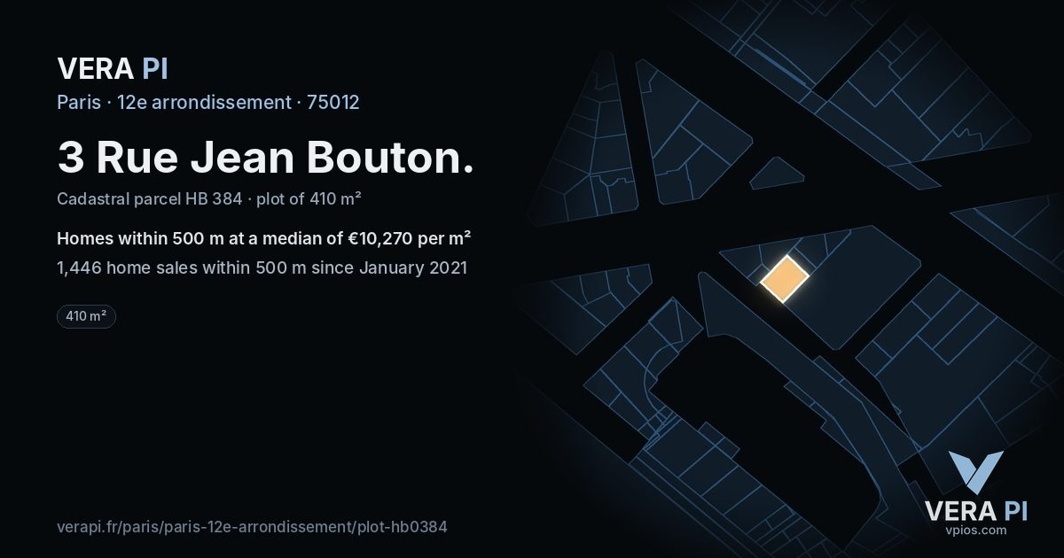 3 Rue Jean Bouton, 12e arrondissement at night – the plot lit, the parcels around coloured by the prices near them