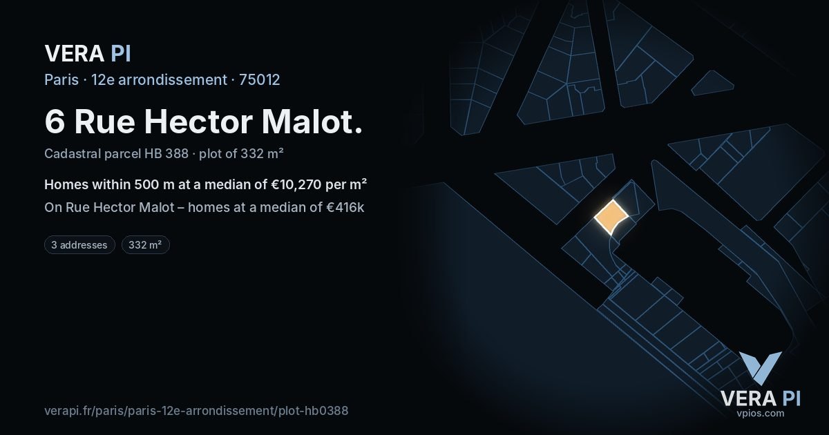 6 Rue Hector Malot, 12e arrondissement at night – the plot lit, the parcels around coloured by the prices near them