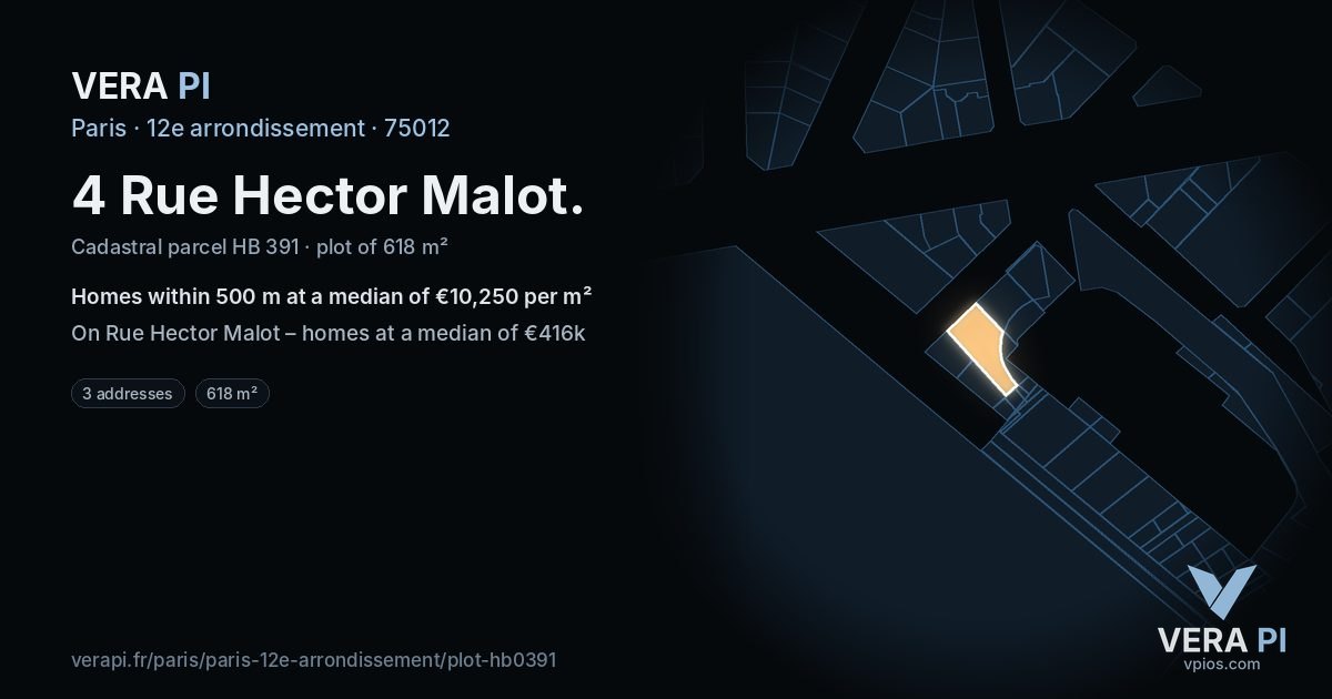 4 Rue Hector Malot, 12e arrondissement at night – the plot lit, the parcels around coloured by the prices near them