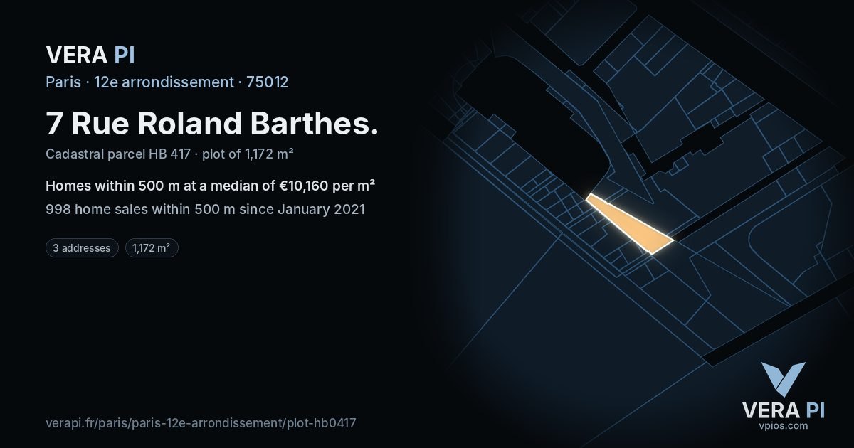 7 Rue Roland Barthes, 12e arrondissement at night – the plot lit, the parcels around coloured by the prices near them