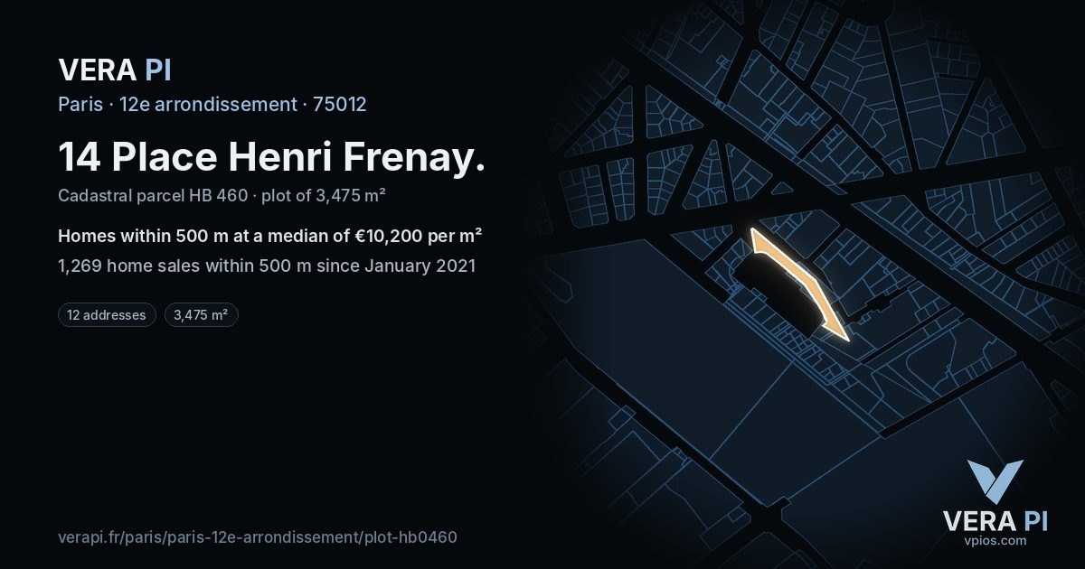 14 Place Henri Frenay, 12e arrondissement at night – the plot lit, the parcels around coloured by the prices near them