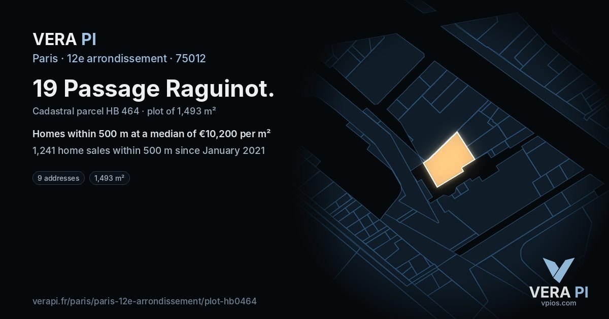 19 Passage Raguinot, 12e arrondissement at night – the plot lit, the parcels around coloured by the prices near them