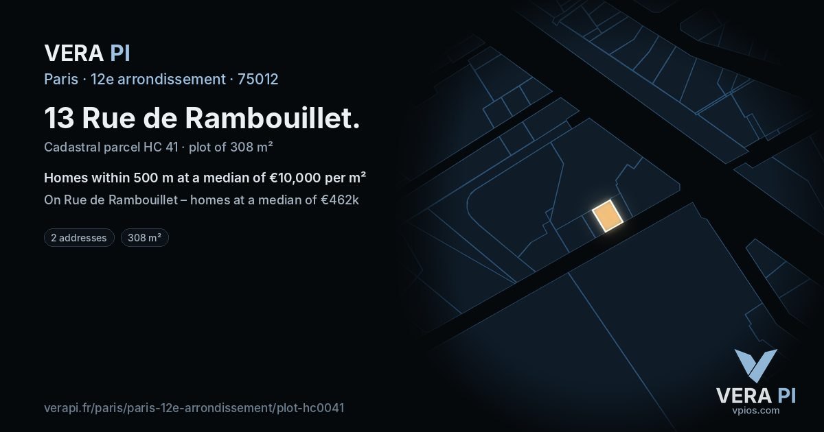 13 Rue de Rambouillet, 12e arrondissement at night – the plot lit, the parcels around coloured by the prices near them