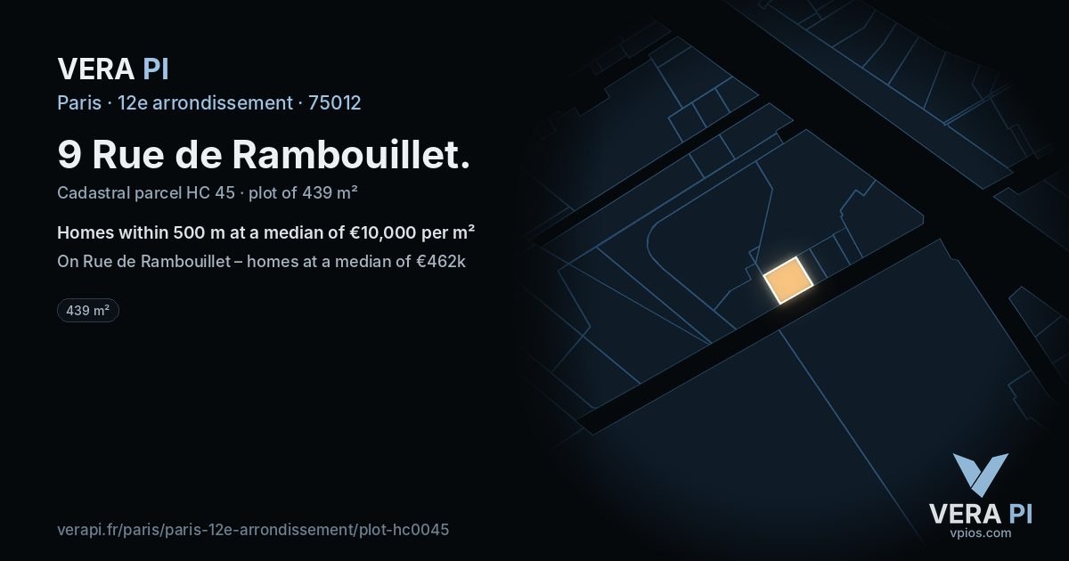 9 Rue de Rambouillet, 12e arrondissement at night – the plot lit, the parcels around coloured by the prices near them