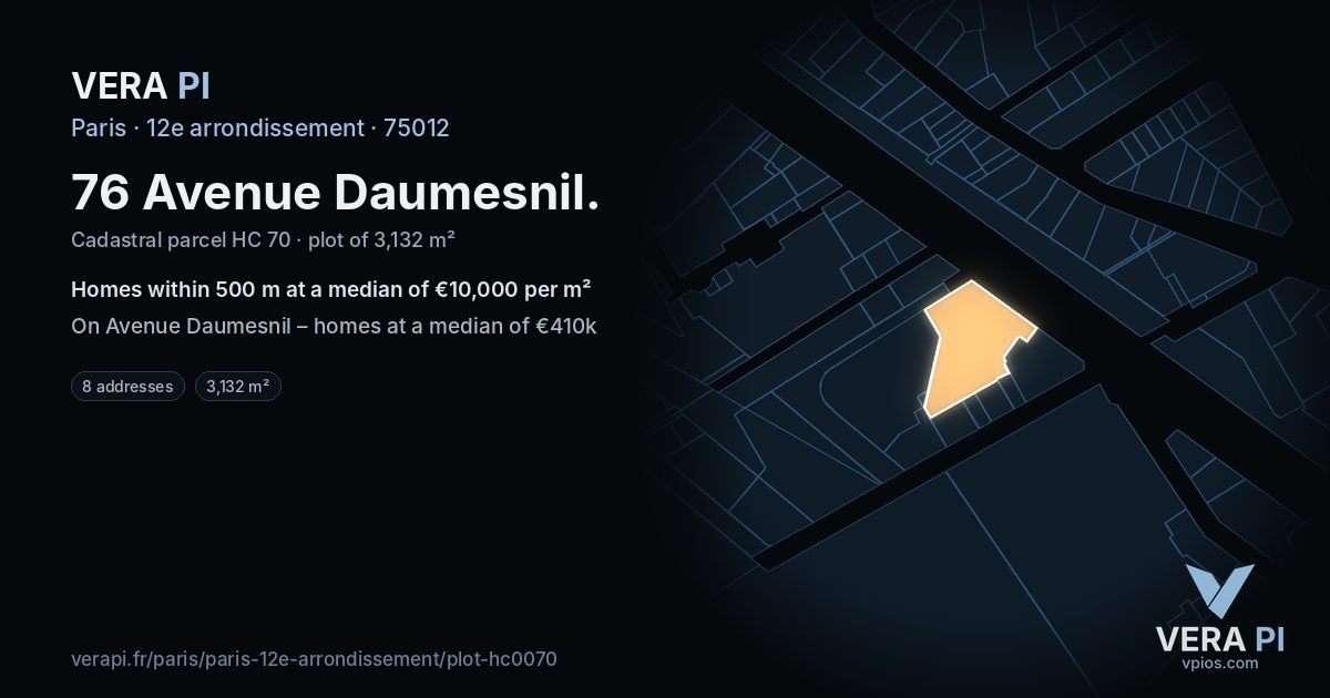76 Avenue Daumesnil, 12e arrondissement at night – the plot lit, the parcels around coloured by the prices near them