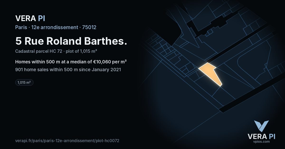 5 Rue Roland Barthes, 12e arrondissement at night – the plot lit, the parcels around coloured by the prices near them
