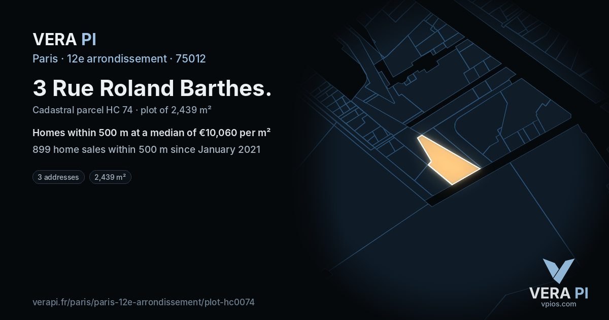 3 Rue Roland Barthes, 12e arrondissement at night – the plot lit, the parcels around coloured by the prices near them
