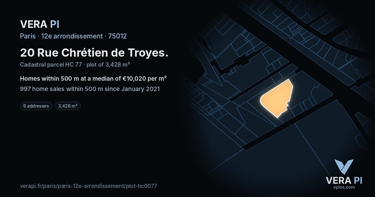 20 Rue Chrétien de Troyes, 12e arrondissement at night – the plot lit, the parcels around coloured by the prices near them