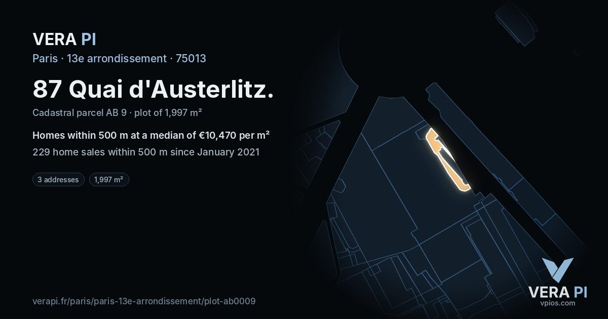 87 Quai d'Austerlitz, 13e arrondissement at night – the plot lit, the parcels around coloured by the prices near them