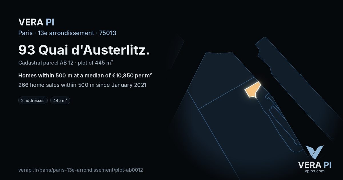 93 Quai d'Austerlitz, 13e arrondissement at night – the plot lit, the parcels around coloured by the prices near them