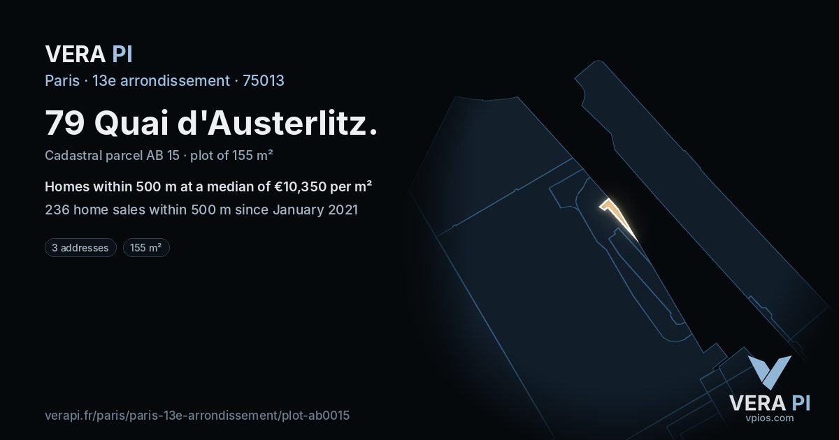 79 Quai d'Austerlitz, 13e arrondissement at night – the plot lit, the parcels around coloured by the prices near them
