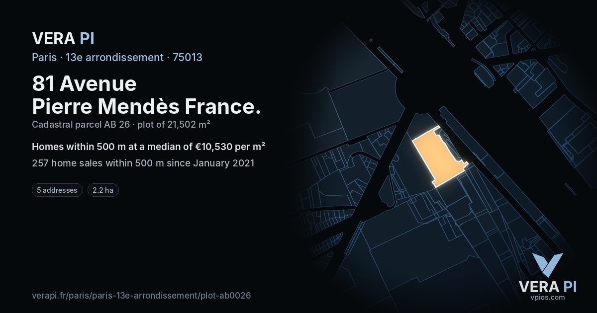 81 Avenue Pierre Mendès France, 13e arrondissement at night – the plot lit, the parcels around coloured by the prices near them