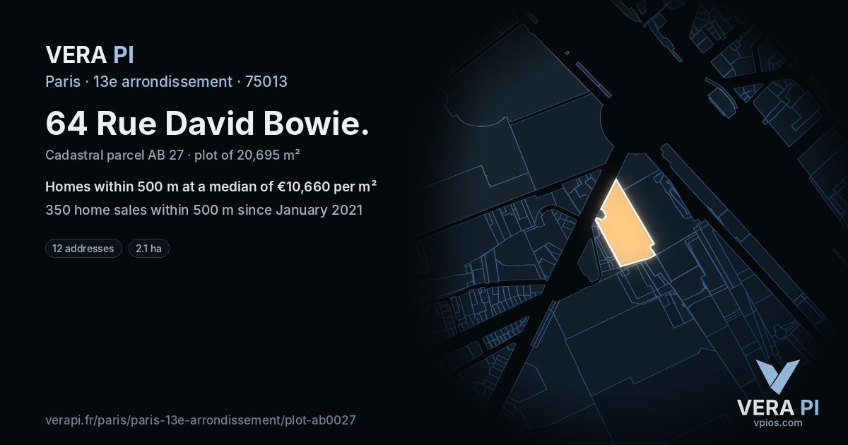 64 Rue David Bowie, 13e arrondissement at night – the plot lit, the parcels around coloured by the prices near them
